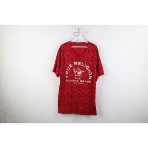 True Religion Mens XL Faded Spell Out All Over Print Short Sleeve T-Shirt Red
